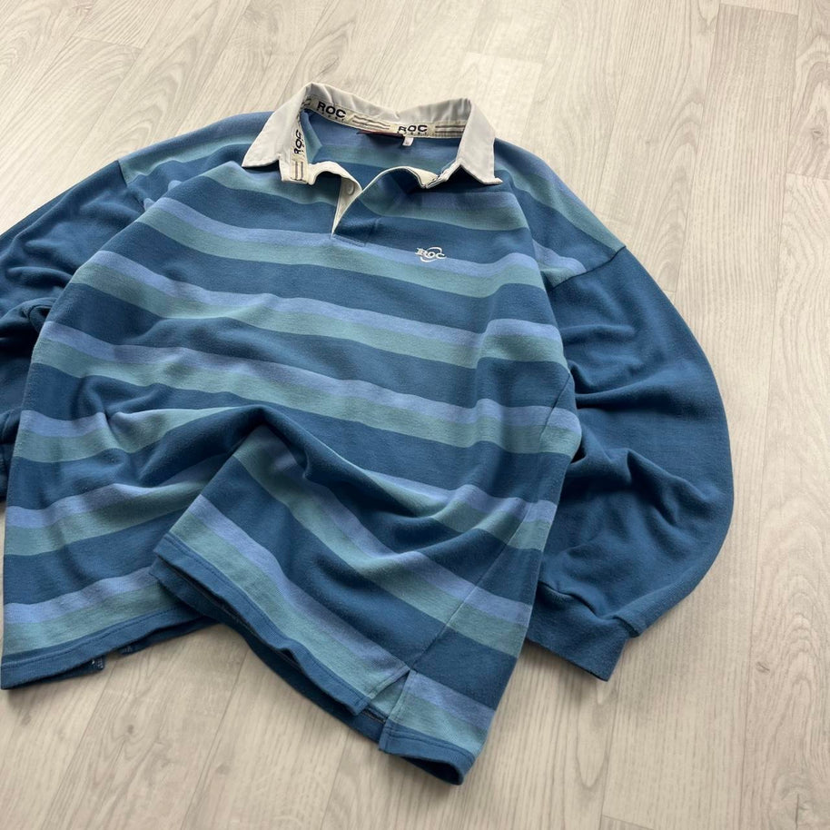 VINTAGE Y2K ROC STRIPED LONG SLEEVE RUGBY POLO SHIRT BLUE