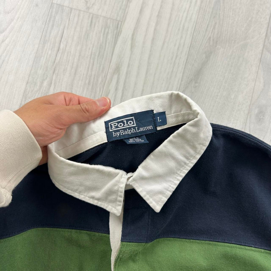 VINTAGE Y2K RALPH LAUREN STRIPED LONG SLEEVE RUGBY POLO SHIRT GREEN / NAVY