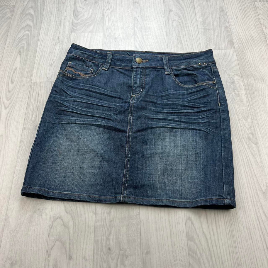 VINTAGE Y2K HERITAGE EMBROIDERED DENIM MINI SKIRT BLUE