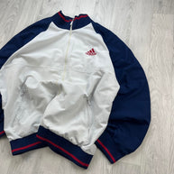 VINTAGE 90s ADIDAS WINDBREAKER TRACK JACKET WHITE / NAVY
