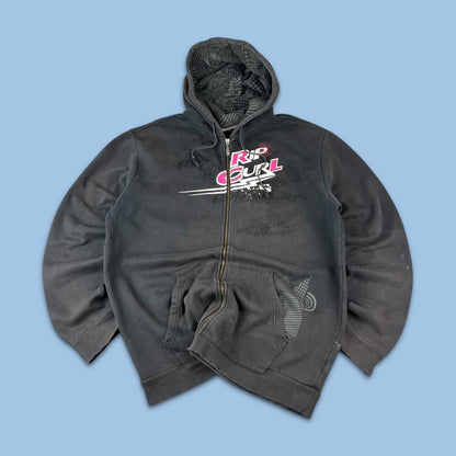VINTAGE Y2K RIP CURL GRAPHIC SPELL OUT ZIP UP HOODIE FADED BLACK