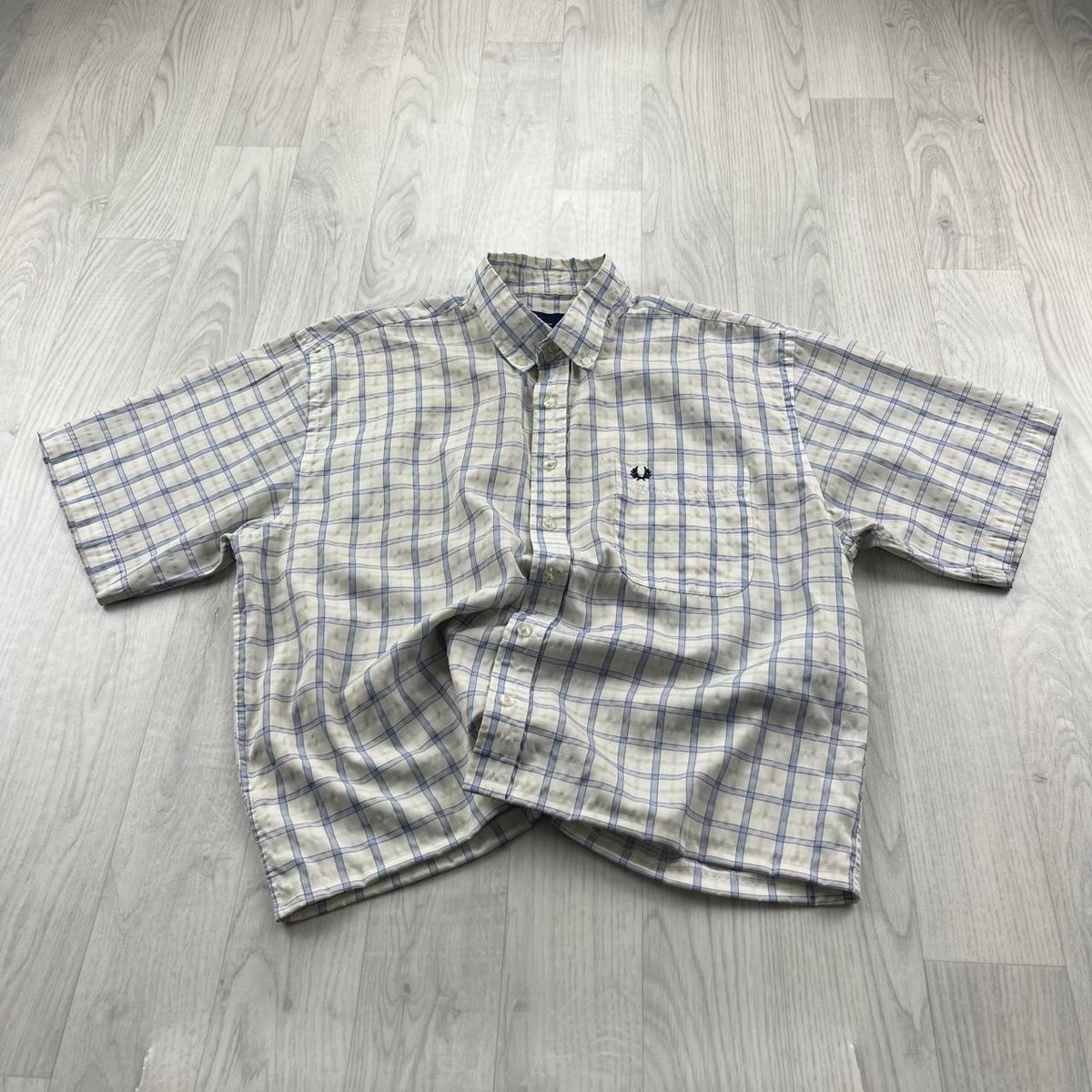 VINTAGE 00s FRED PERRY CHECKERED CROPPED SHORT SLEEVE BUTTON UP SHIRT WHITE