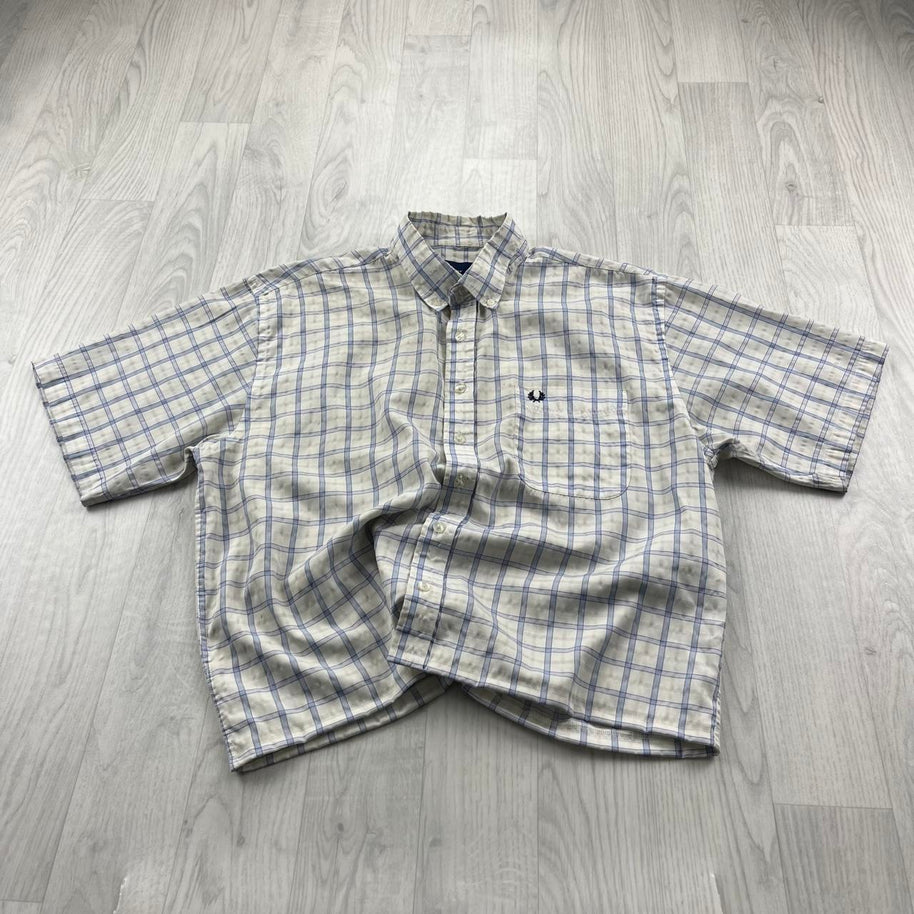 VINTAGE 00s FRED PERRY CHECKERED CROPPED SHORT SLEEVE BUTTON UP SHIRT WHITE