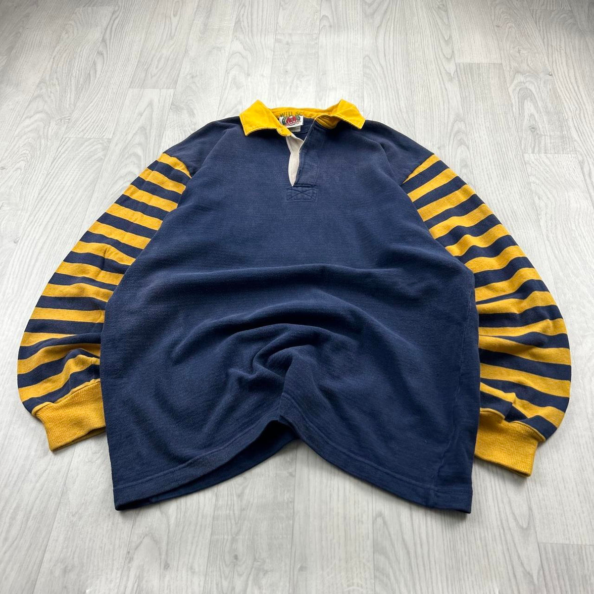 VINTAGE 00s BARBARIAN STRIPED LONG SLEEVE RUGBY POLO SHIRT NAVY / YELLOW