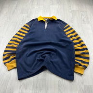VINTAGE 00s BARBARIAN STRIPED LONG SLEEVE RUGBY POLO SHIRT NAVY / YELLOW