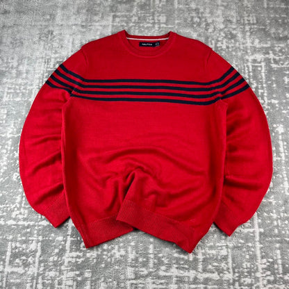 VINTAGE Y2K NAUTICA STRIPED CHUNKY ESSENTIAL KNITTED JUMPER RED