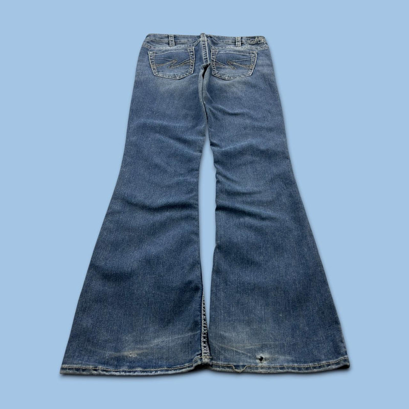 VINTAGE Y2K SILVER LOW RISE BOOTCUT FLARED JEANS BLUE