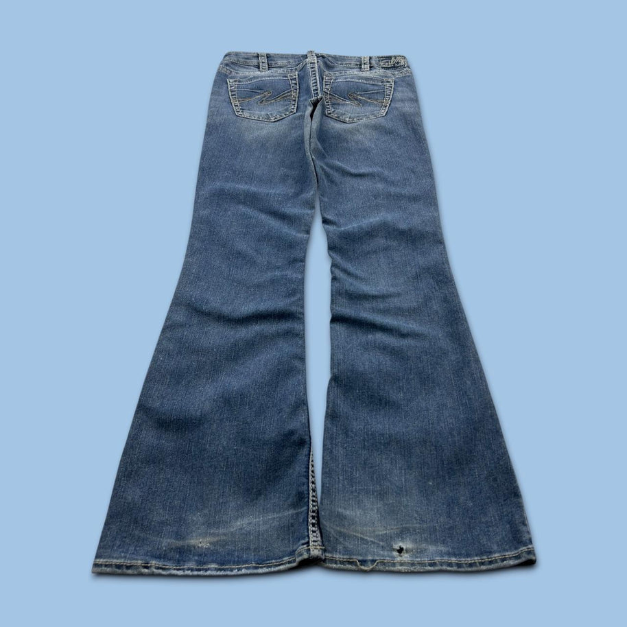 VINTAGE Y2K SILVER LOW RISE BOOTCUT FLARED JEANS BLUE