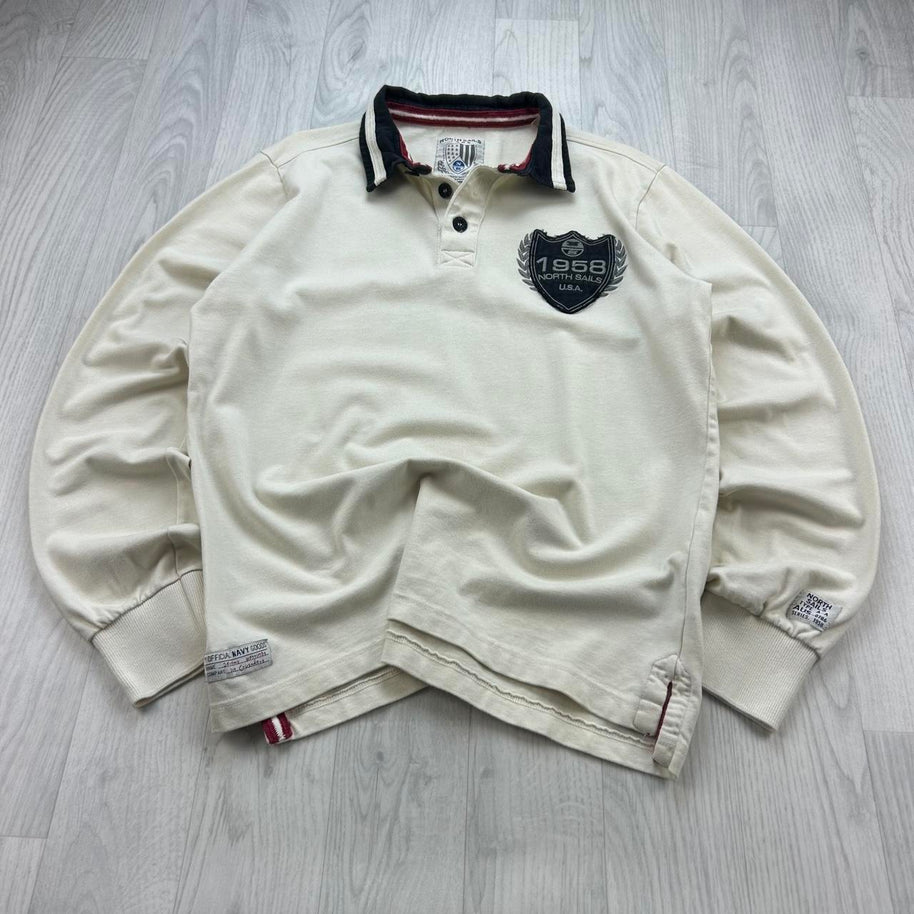 VINTAGE Y2K NORTH SAILS LONG SLEEVE RUGBY POLO SHIRT CREAM