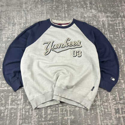 VINTAGE Y2K YANKEES MLB SPELL OUT SWEATSHIRT GREY / NAVY