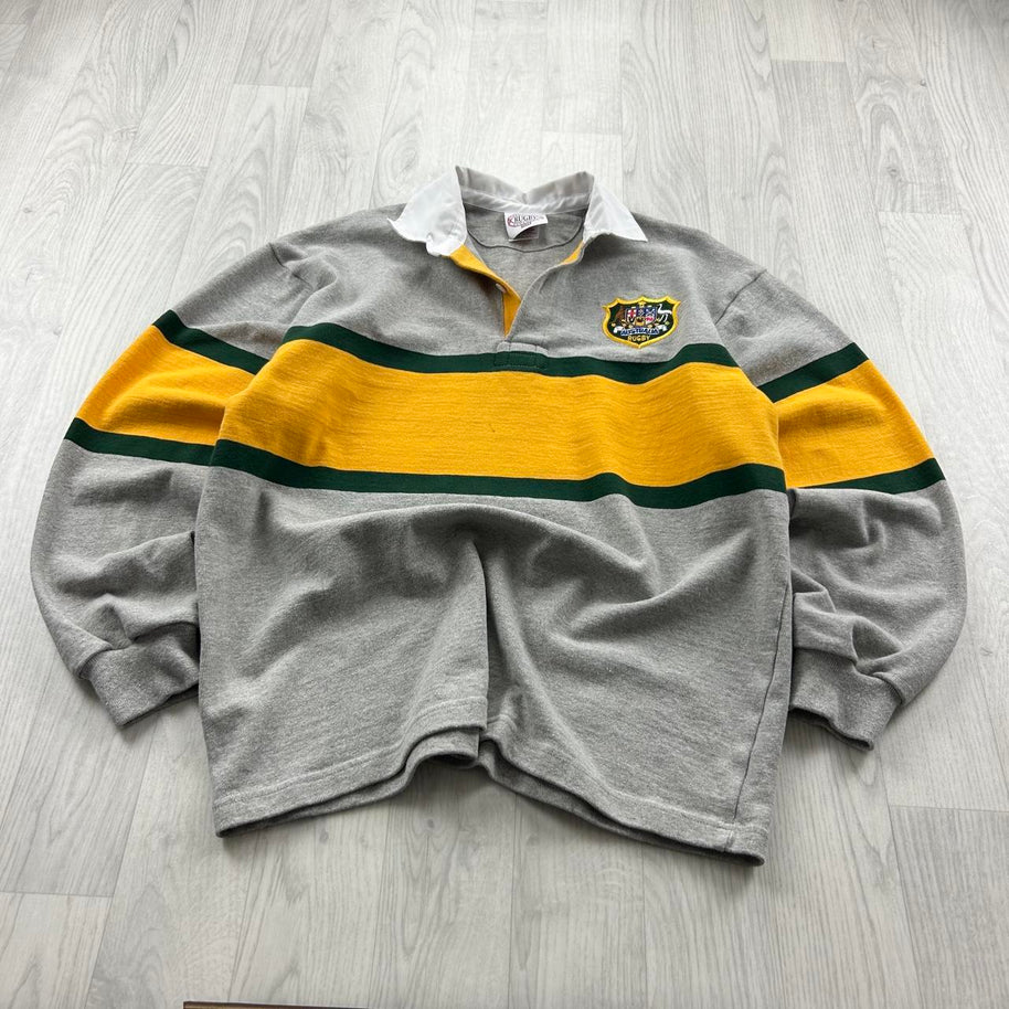 VINTAGE Y2K AUSTRALIA STRIPED LONG SLEEVE RUGBY POLO SHIRT GREY