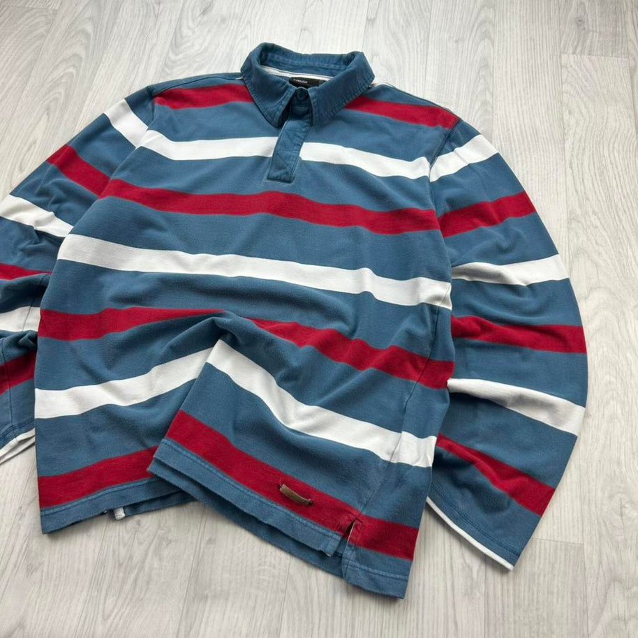 VINTAGE Y2K STRIPED LONG SLEEVE RUGBY POLO SHIRT BLUE / RED