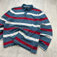 VINTAGE Y2K STRIPED LONG SLEEVE RUGBY POLO SHIRT BLUE / RED