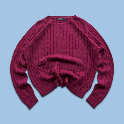 VINTAGE Y2K POLO RALPH LAUREN CHUNKY CABLE KNITTED JUMPER BURGUNDY