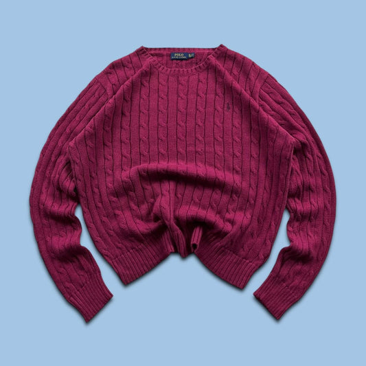 VINTAGE Y2K POLO RALPH LAUREN CHUNKY CABLE KNITTED JUMPER BURGUNDY
