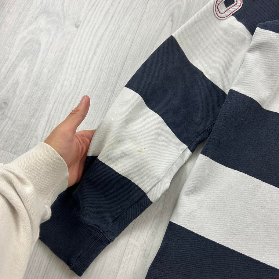VINTAGE Y2K TOMMY HILFIGER STRIPED LONG SLEEVE RUGBY POLO SHIRT WHITE / NAVY