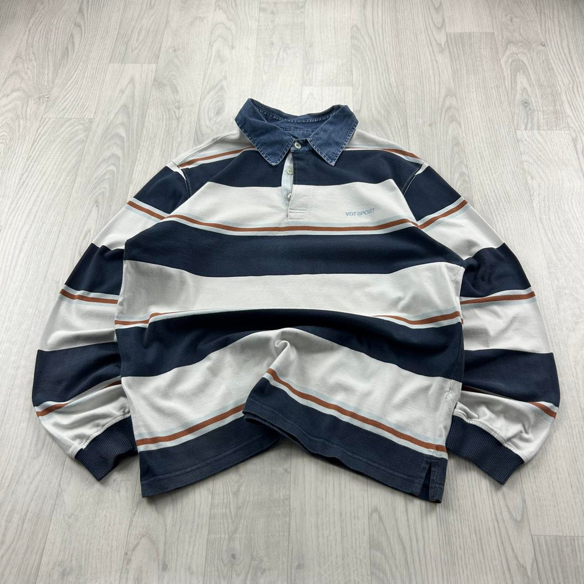 VINTAGE Y2K STRIPED LONG SLEEVE RUGBY POLO SHIRT NAVY / WHITE
