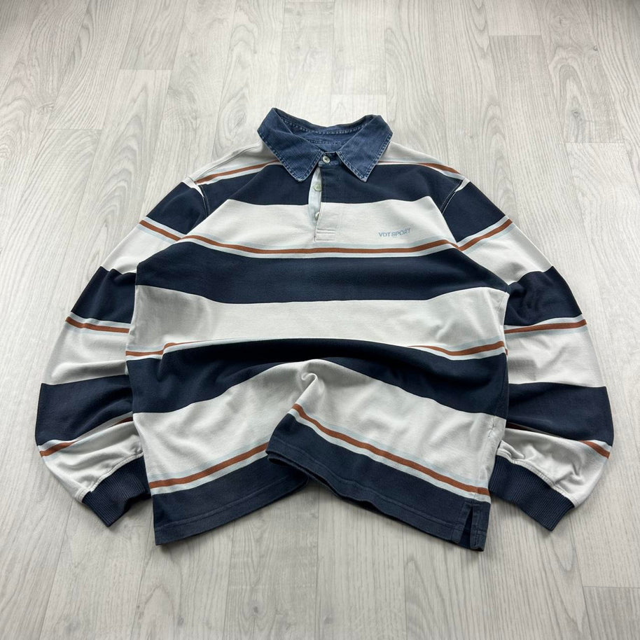 VINTAGE Y2K STRIPED LONG SLEEVE RUGBY POLO SHIRT NAVY / WHITE