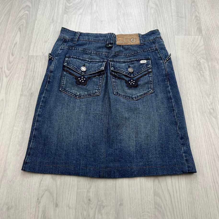 VINTAGE Y2K AMICHI JEANS DENIM MIDI EMBROIDERED SKIRT BLUE