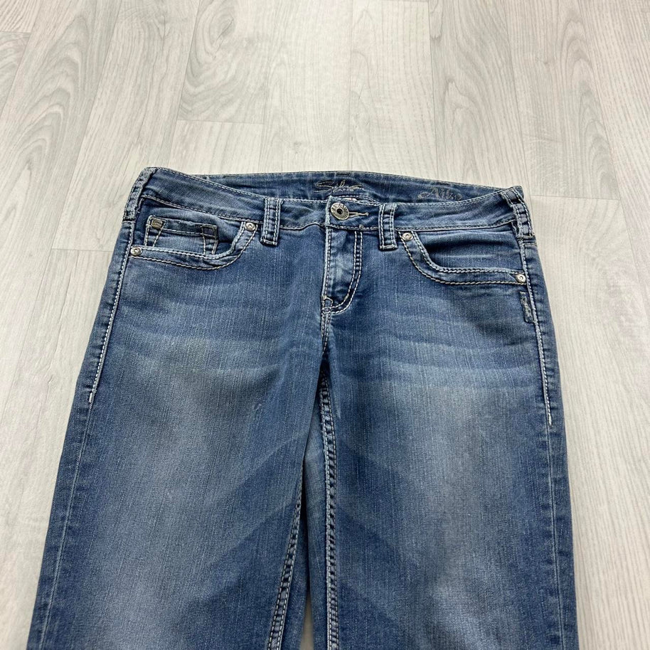 VINTAGE Y2K SILVER LOW RISE BOOTCUT FLARED JEANS BLUE