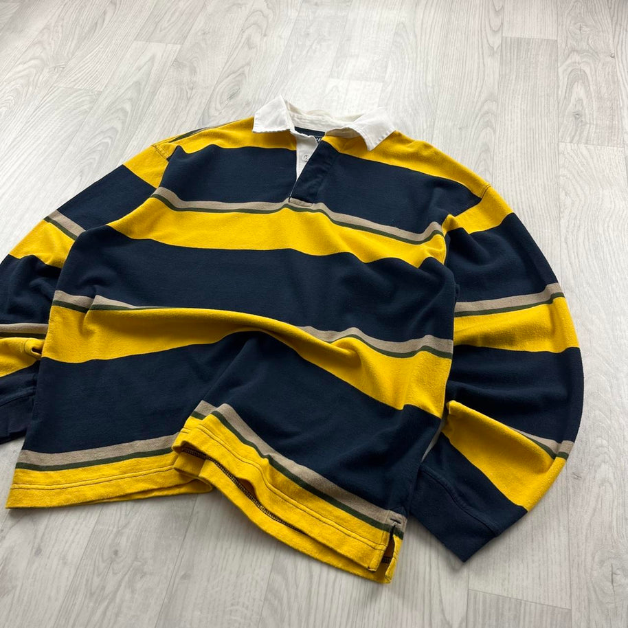 VINTAGE Y2K STRIPED LONG SLEEVE RUGBY POLO SHIRT YELLOW NAVY