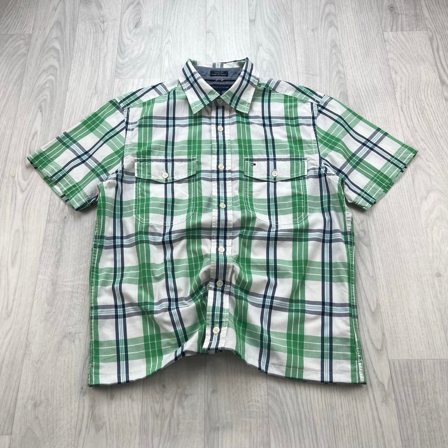 VINTAGE 00s TOMMY HILFIGER CHECKERED CROPPED SHORT SLEEVE BUTTON UP SHIRT GREEN