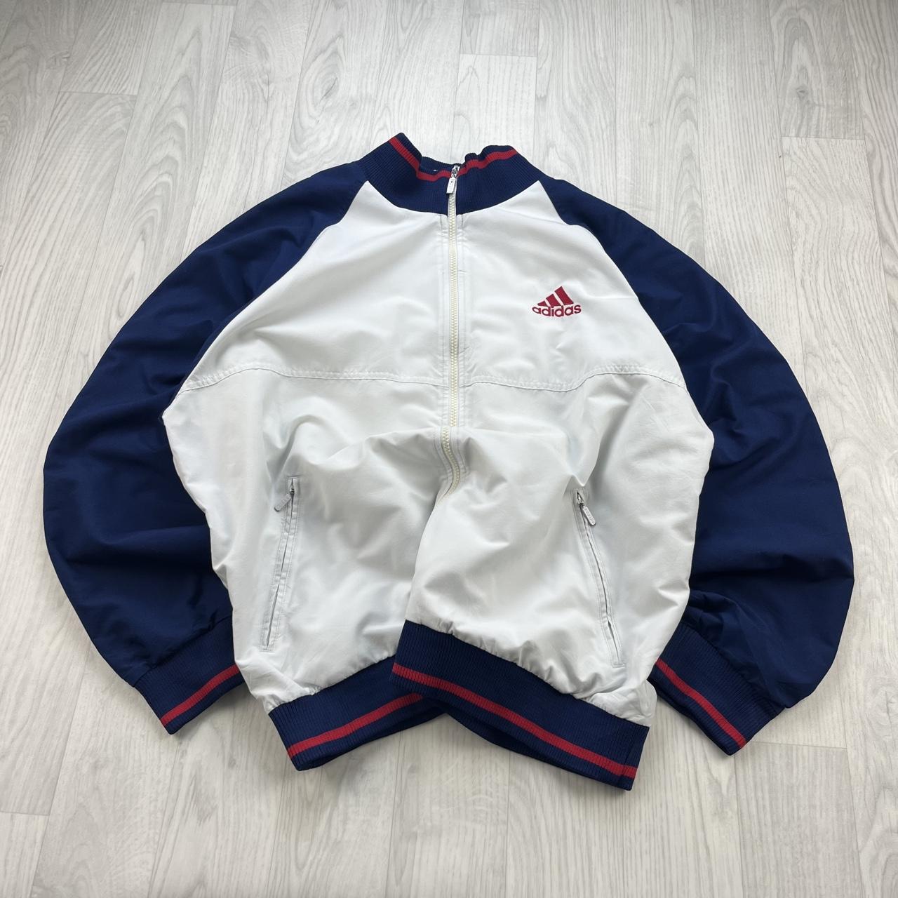 VINTAGE 90s ADIDAS WINDBREAKER TRACK JACKET WHITE / NAVY