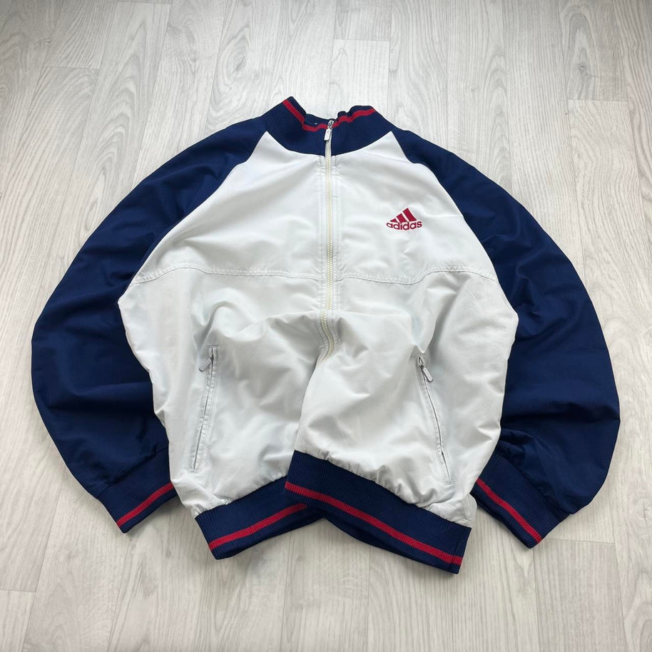 VINTAGE 90s ADIDAS WINDBREAKER TRACK JACKET WHITE / NAVY