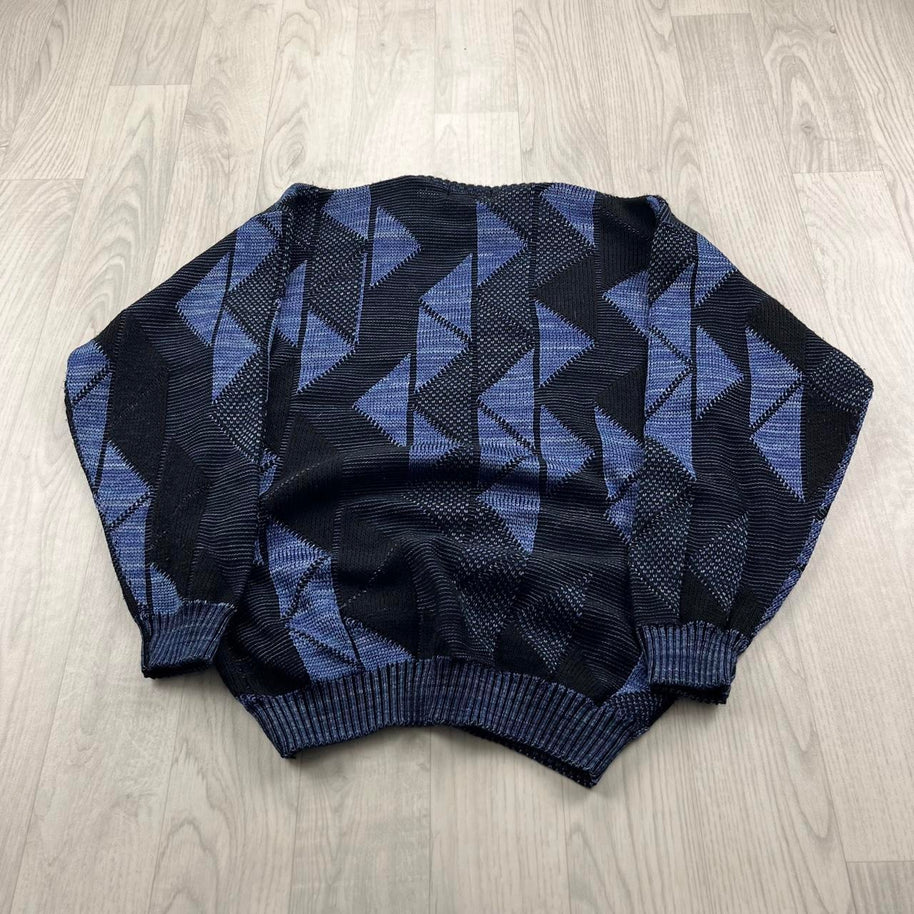 VINTAGE 90s PATTERN KNITTED JUMPER BLACK / BLUE