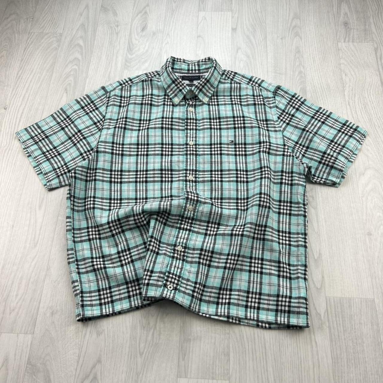 VINTAGE 00s TOMMY HILFIGER CHECKERED CROPPED SHORT SLEEVE BUTTON UP SHIRT BLACK / TURQUOISE