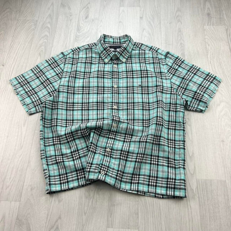VINTAGE 00s TOMMY HILFIGER CHECKERED CROPPED SHORT SLEEVE BUTTON UP SHIRT BLACK / TURQUOISE