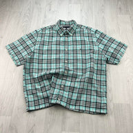 VINTAGE 00s TOMMY HILFIGER CHECKERED CROPPED SHORT SLEEVE BUTTON UP SHIRT BLACK / TURQUOISE