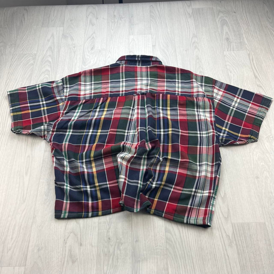VINTAGE 00s CHAPS CHECKERED CROPPED SHORT SLEEVE BUTTON UP SHIRT RED / MULTI