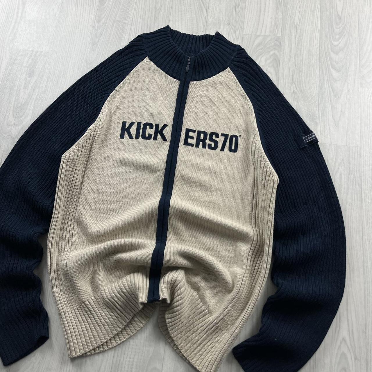 VINTAGE Y2K KICKERS CHUNKY RIBBED SPELL OUT ZIP KNITTED JUMPER CREAM NAVY