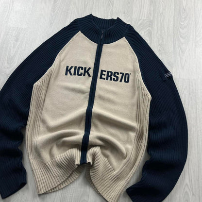 VINTAGE Y2K KICKERS CHUNKY RIBBED SPELL OUT ZIP KNITTED JUMPER CREAM NAVY