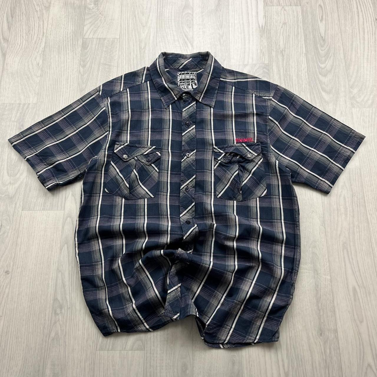 VINTAGE Y2K ANIMAL PLAID BUTTON UP SHORT SLEEVE SHIRT NAVY