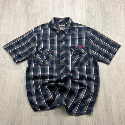 VINTAGE Y2K ANIMAL PLAID BUTTON UP SHORT SLEEVE SHIRT NAVY