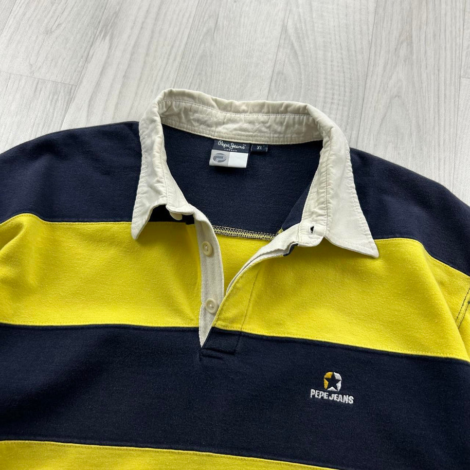 VINTAGE Y2K PEPE JEANS STRIPED LONG SLEEVE RUGBY POLO SHIRT NAVY / YELLOW