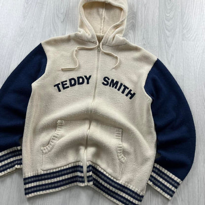 VINTAGE Y2K TEDDY SMITH CHUNKY ZIP KNITTED HOODIE CREAM