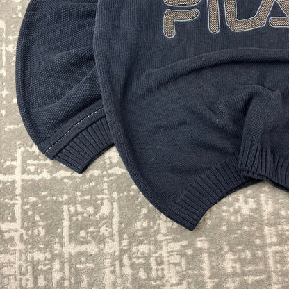 VINTAGE Y2K FILA QUARTER ZIP HEAVY KNITTED JUMPER NAVY
