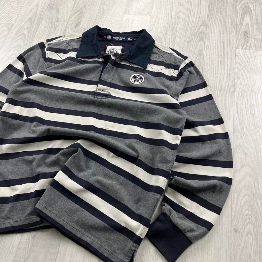 VINTAGE Y2K NORTH SAILS STRIPED LONG SLEEVE RUGBY POLO SHIRT GREY
