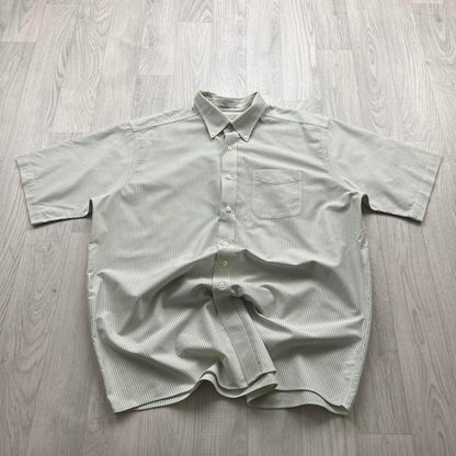 VINTAGE Y2K L L BEAN SHORT SLEEVE STRIPED SHIRT WHITE / GREEN