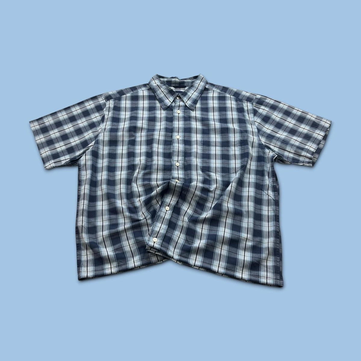 VINTAGE 00s GAP CHECKERED CROPPED SHORT SLEEVE BUTTON UP SHIRT NAVY BLUE