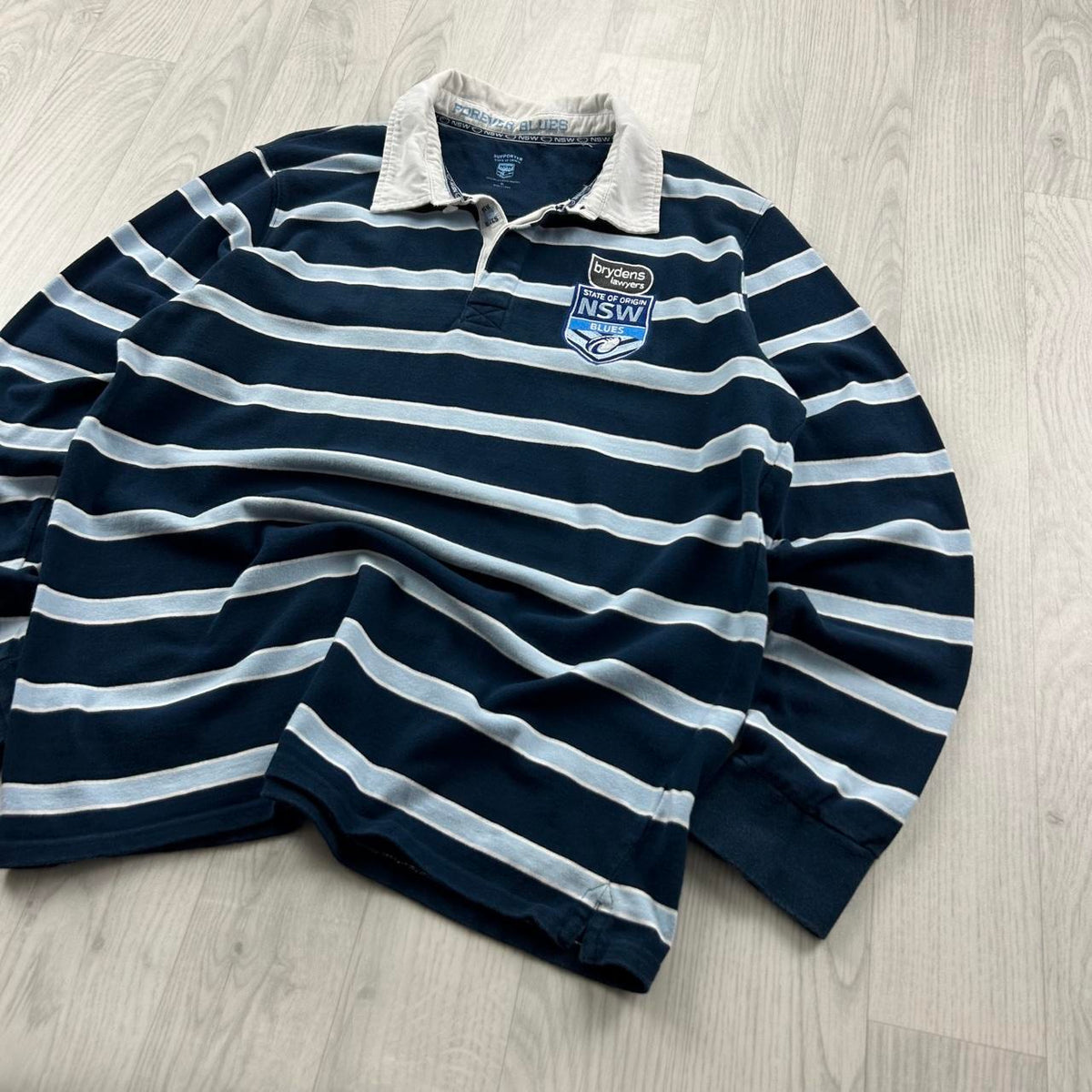 VINTAGE 00s NEW SOUTH WALES STRIPED LONG SLEEVE RUGBY POLO SHIRT NAVY / SKY BLUE