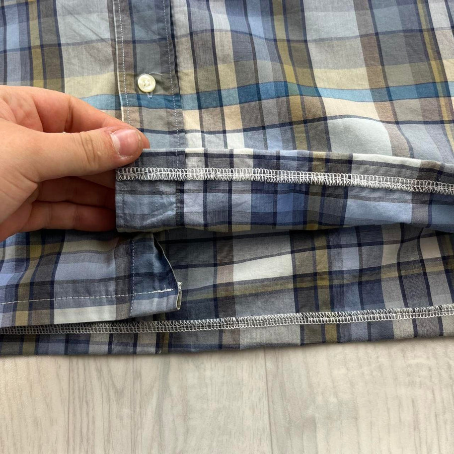VINTAGE 00s BARBOUR CHECKERED CROPPED SHORT SLEEVE BUTTON UP SHIRT BLUE