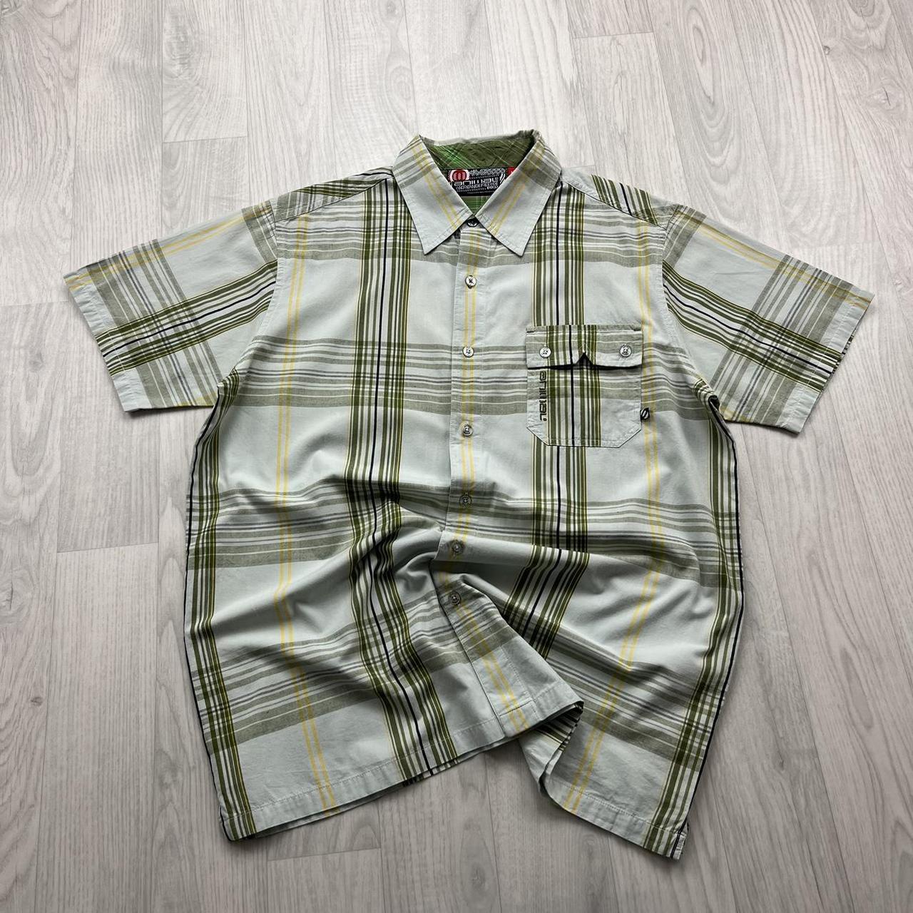 VINTAGE Y2K ANIMAL PLAID BUTTON UP SHORT SLEEVE SHIRT CREAM / GREEN