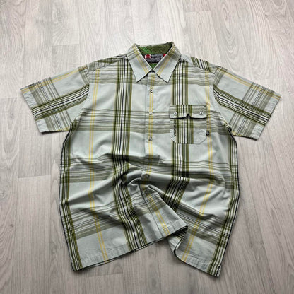 VINTAGE Y2K ANIMAL PLAID BUTTON UP SHORT SLEEVE SHIRT CREAM / GREEN