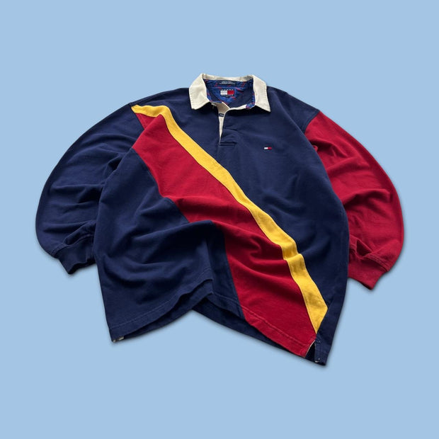 VINTAGE Y2K TOMMY HILFIGER STRIPED LONG SLEEVE RUGBY POLO SHIRT NAVY