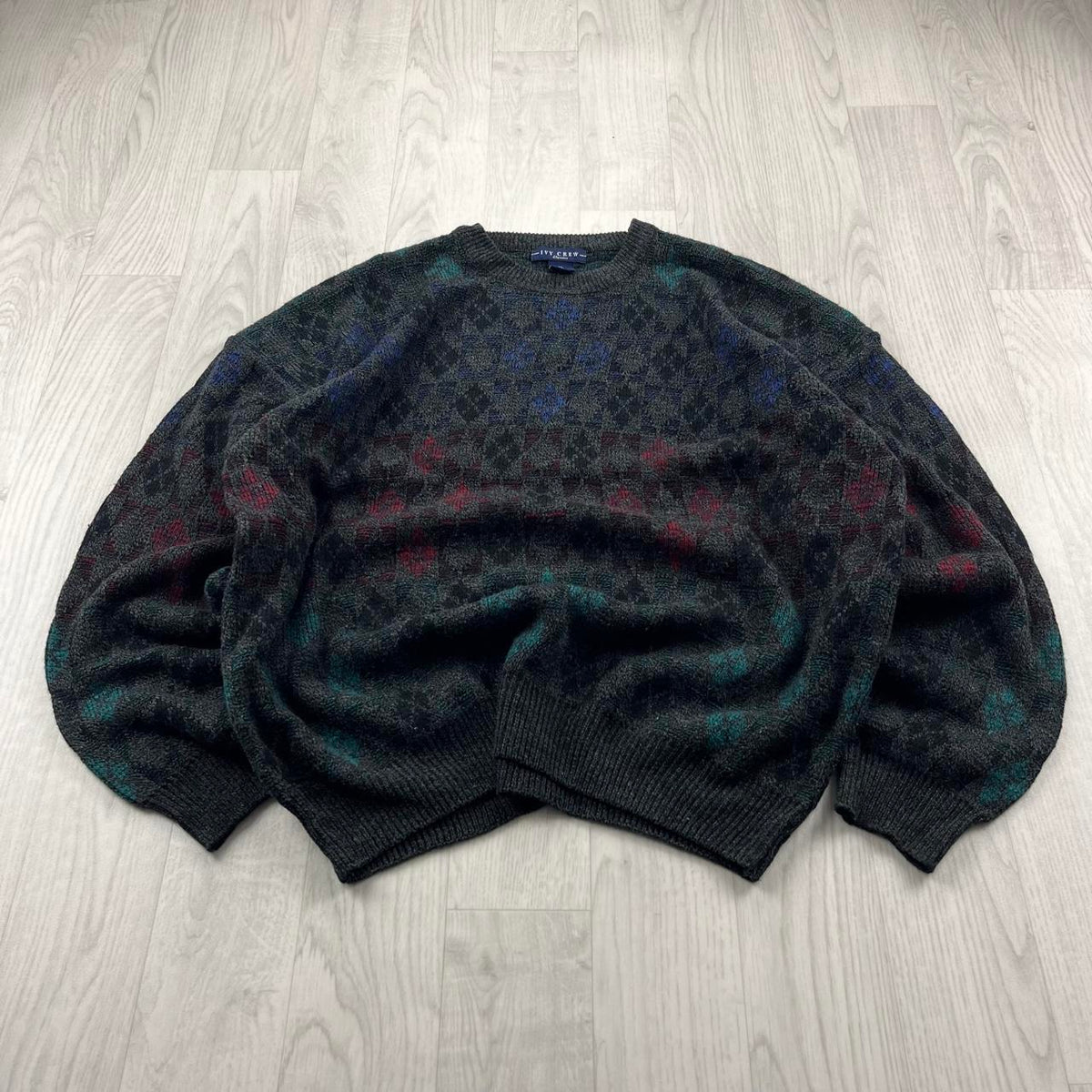VINTAGE 90s PATTERN KNITTED JUMPER CHARCOAL GREY