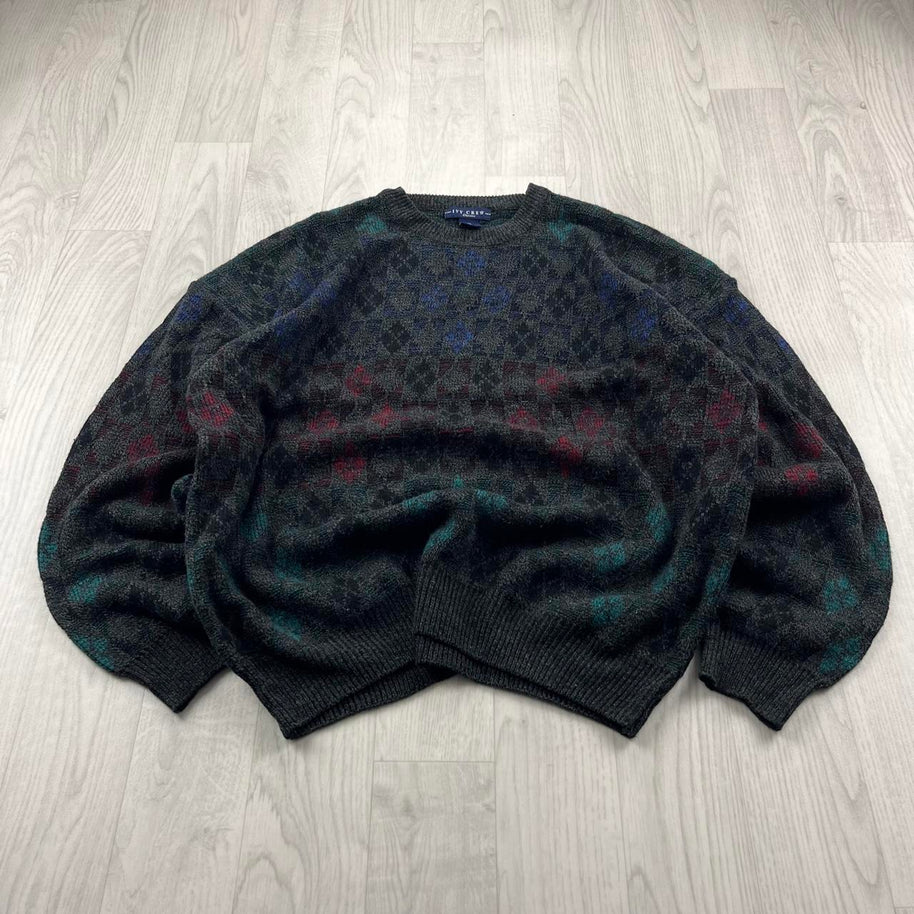 VINTAGE 90s PATTERN KNITTED JUMPER CHARCOAL GREY